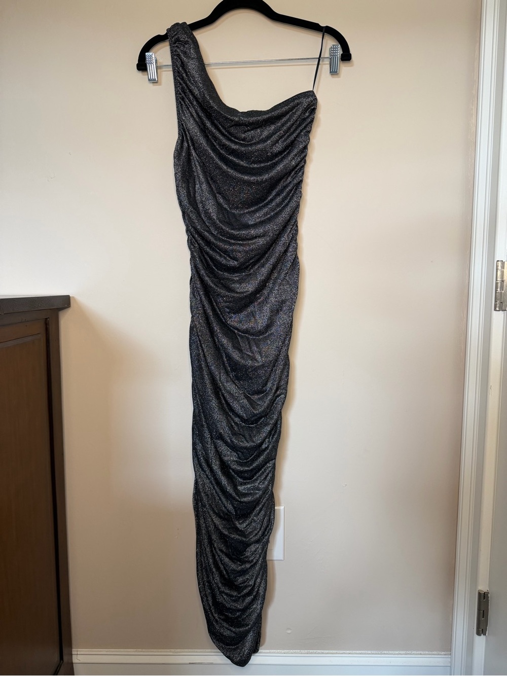 Asymmetric One-Shoulder Metallic Ruched Dress - Shimmer Black